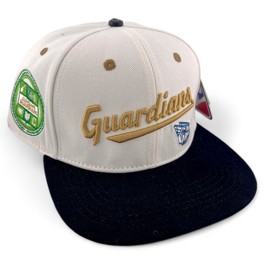 Pro Standard Cleveland Guardians Script‎ Logo Side Patch Ivory/Gold Snapback Hat